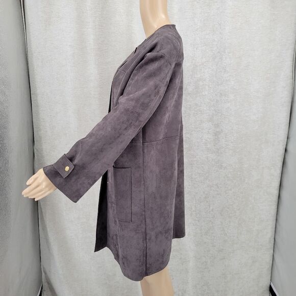 BLVD Dark Gray Poly Sueded Long Line Trench Coat Duster Jacket Snap Closures - Picture 6 of 15